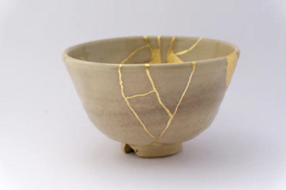 A ceramic bowl repaired with kintsugi technique 