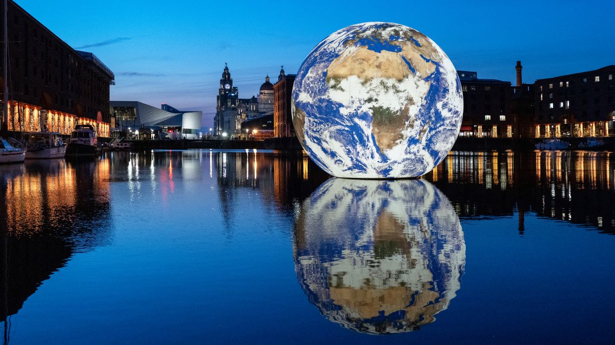 Floating Earth sculpture by Luke Jerram in Liverpool. Image - Mark McNulty Floating Earth sculpture by Luke Jerram in Liverpool. Image - Mark McNulty