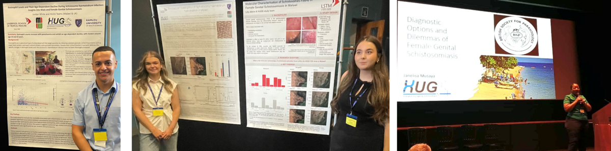  Jordan at his prize winner poster, Abi and Lilly discussing their findings and Janelisa presenting an overview of the challenge of schistosomiasis control in Malawi.