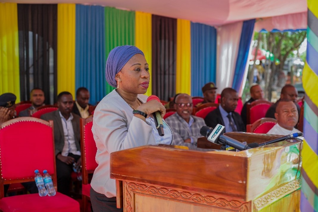 Hon. Ummy Mwalimu (MP) and Minister of Health in Tanzania delivering her speech while handing over medical equipment to 20 health facilities in Dodoma through the support of the LSTM project funded by Takeda’s Global CSR program through the Global Fund. Photo credit. UDOM