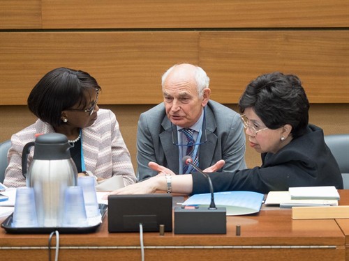 Professor Molyneux talking to the WHO DG, Dr Margaret Chan, and WHO Regional Director for Africa, Dr Matshidiso Moeti