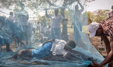 Health workers demonstrate bednets, Courtesy of Sven Torffin, WHO World Malaria Day 2017
