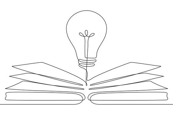 Light bulb above book continuous one line art drawing.