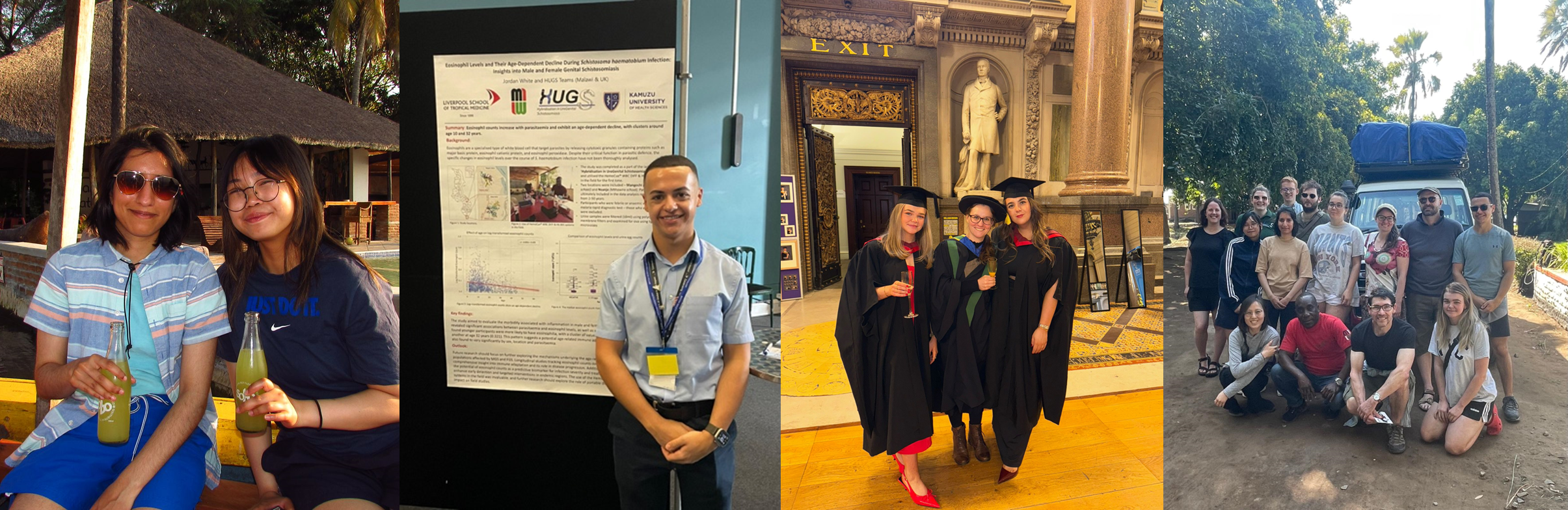 Left to right: Fatima and Guilleary relaxing after a hard days’ work (Malawi). Jordan alongside his prize-winning poster at the BSP Autumn Symposium (London).  Abigail and Lilly celebrating graduation with Dr Alexandra Juhasz (Liverpool). The UK staff & student team (Malawi).