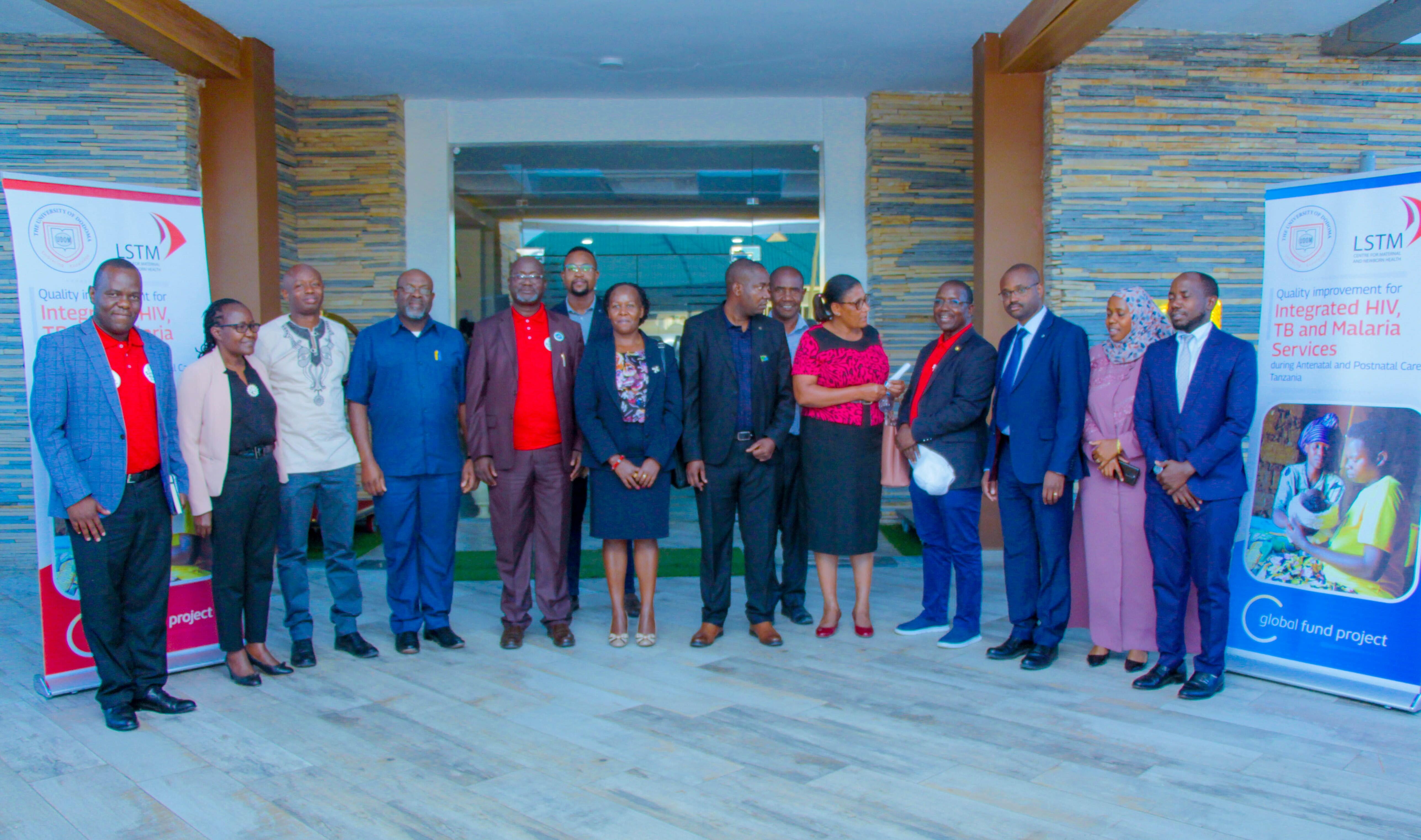 The organizing committee along with the guests at the official launching of the UDOM/LSTM project aiming at Quality Improvement for Integrated HIV, TB, and Malaria services during Antenatal and Postnatal Care, Tanzania The organizing committee along with the guests at the official launching of the UDOM/LSTM project aiming at Quality Improvement for Integrated HIV, TB, and Malaria services during Antenatal and Postnatal Care, Tanzania