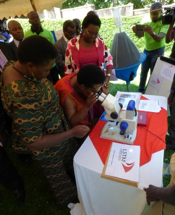 The Ugandan minister for Primary Health Care, the minister for Animal Husbandry and the minister for Northern Uganda, visiting the LSTM exhibition during the Tsetse Awareness day.  
