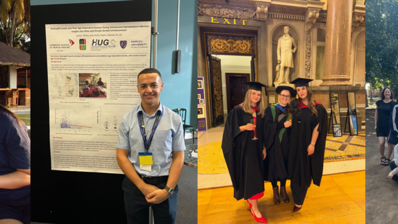 Left to right: Fatima and Guilleary relaxing after a hard days’ work (Malawi). Jordan alongside his prize-winning poster at the BSP Autumn Symposium (London).  Abigail and Lilly celebrating graduation with Dr Alexandra Juhasz (Liverpool). The UK staff & student team (Malawi).