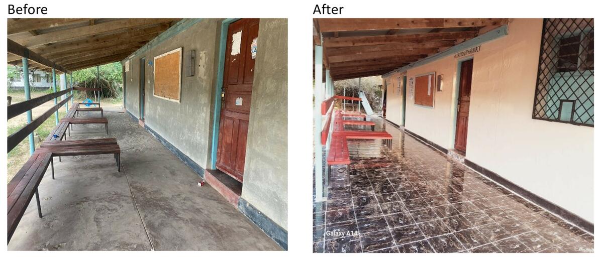 Before and after pictures of the clients waiting bay. The ‘after’ picture shows the new look of the waiting bay after repair and vanish of the benches, tiling of the floor and paining of the wall. / credit: Hulugho Sub-County Hospital